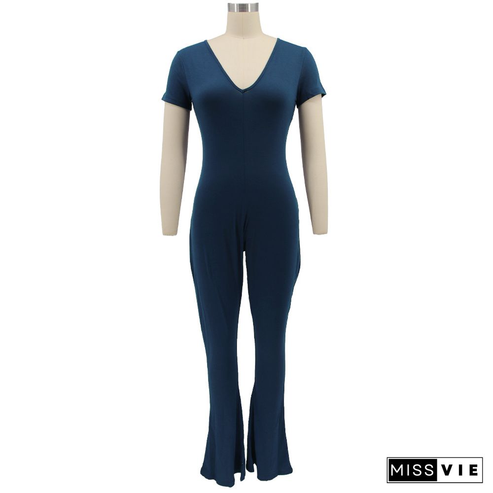 Short Sleeve V-neck Solid Flare Jumpsuit