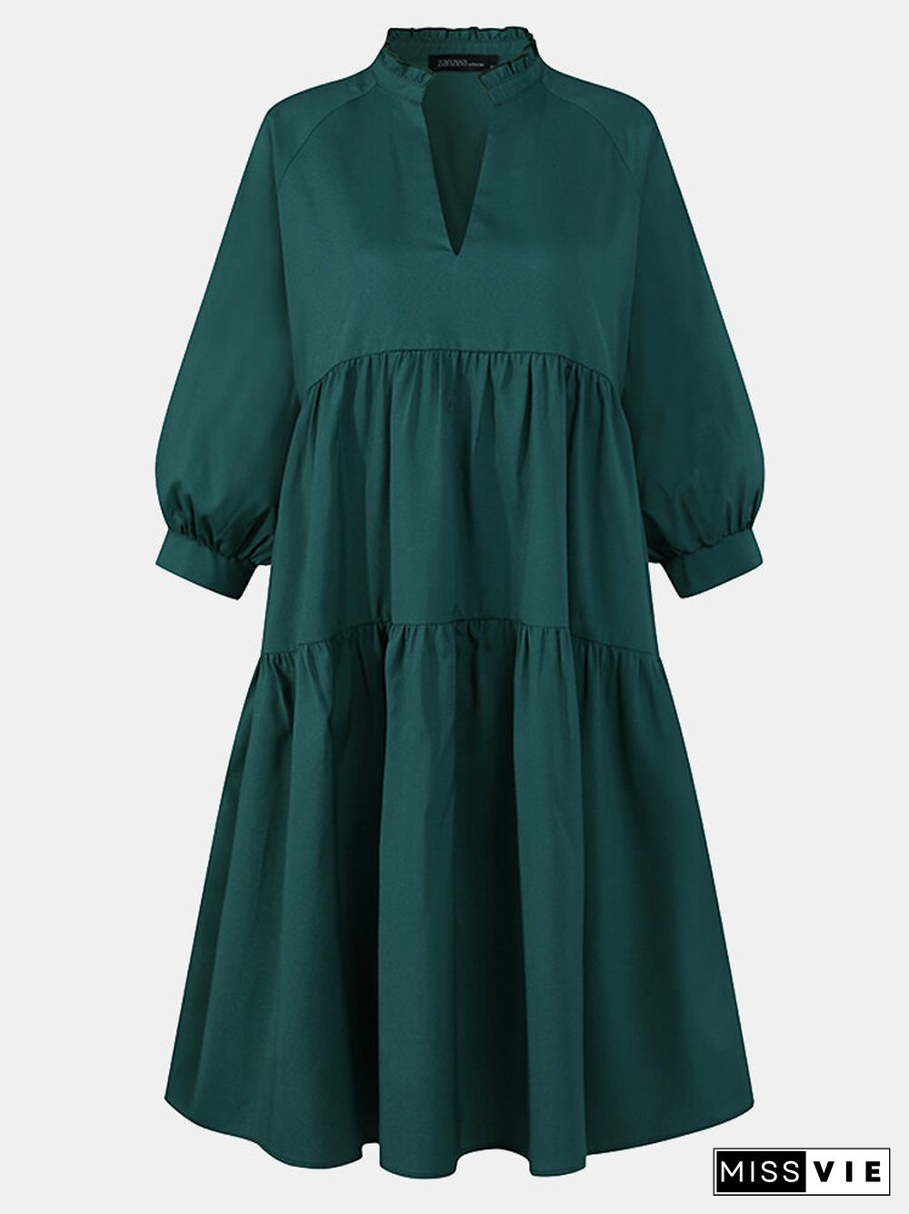 Solid Color Lapel V-neck Collar Lantern Sleeve Midi Dress