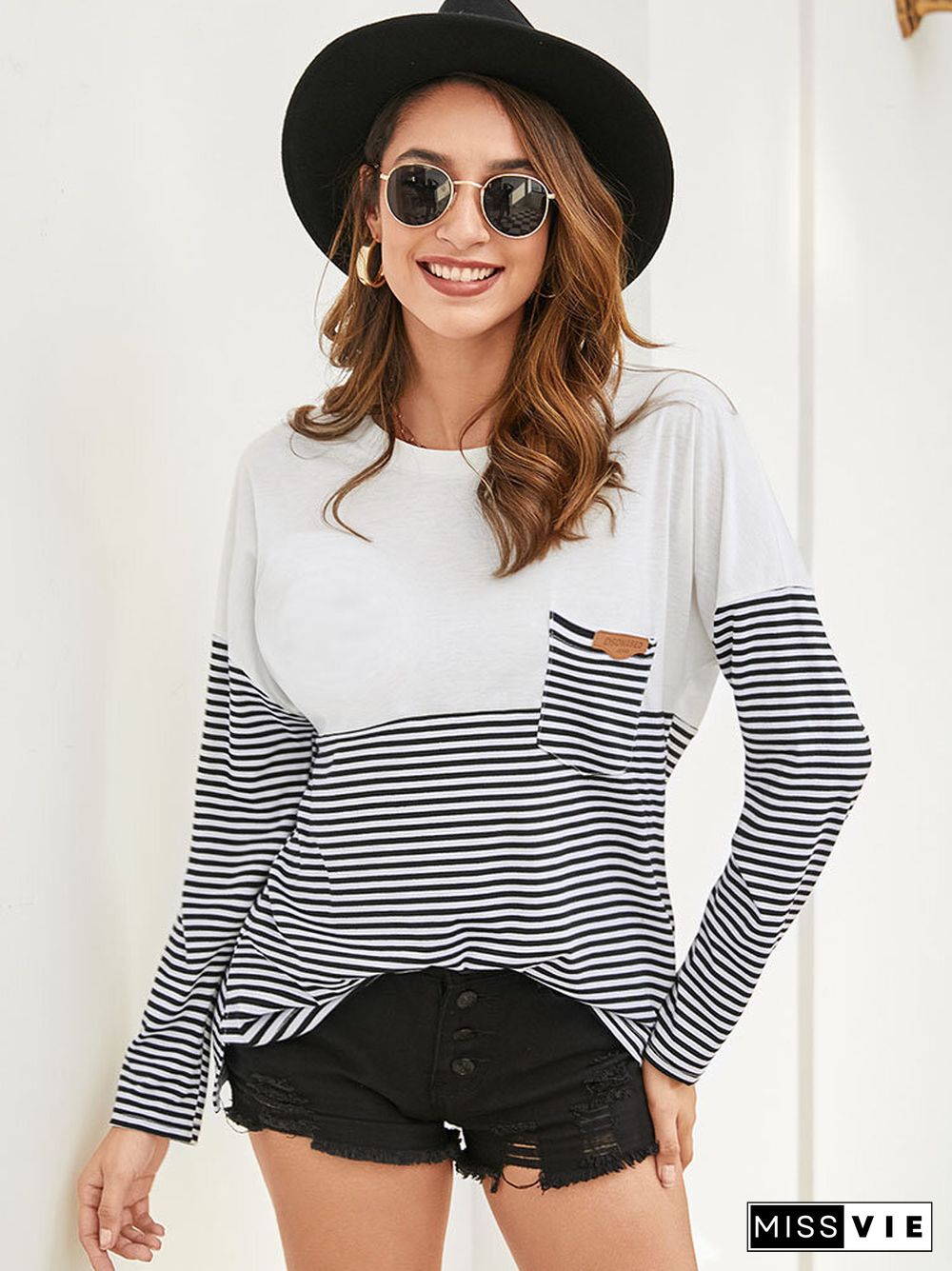 Stripe Print Patchwork Pocket Long Sleeve Crew Neck Casual T-shirt