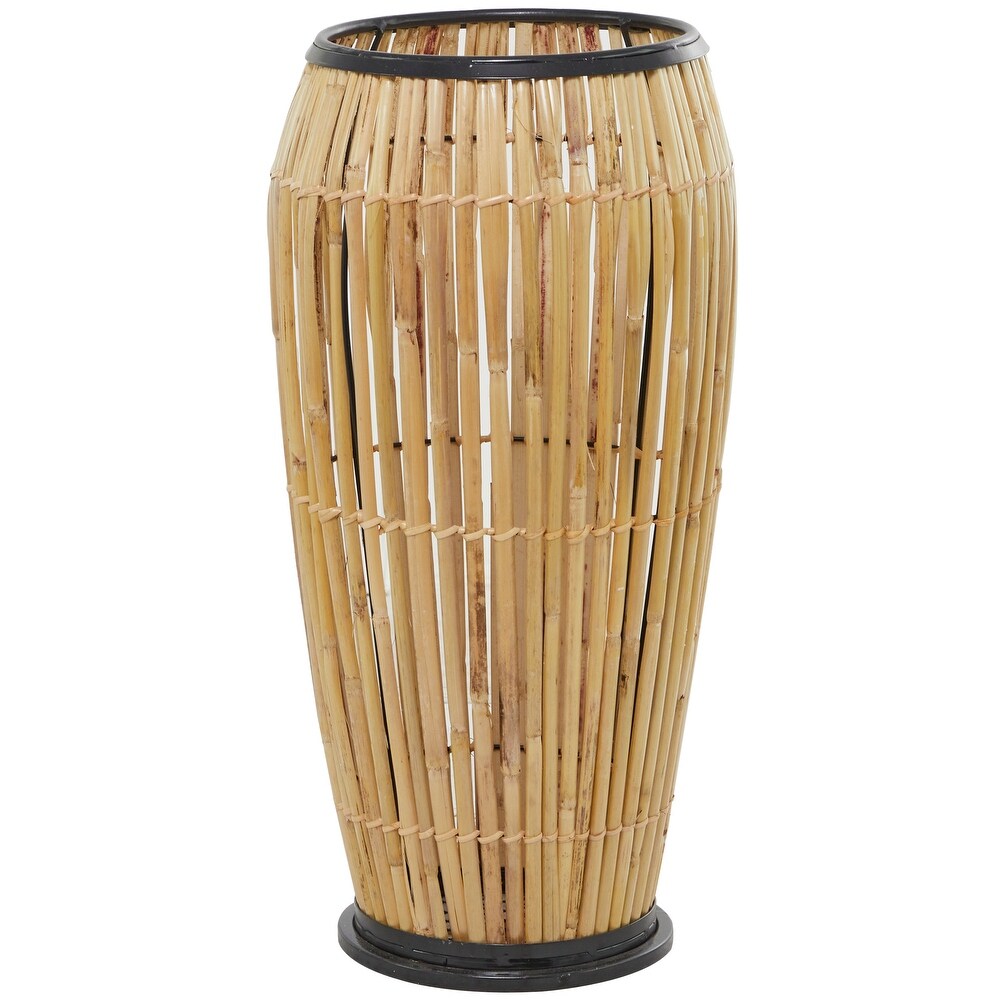 The Novogratz Brown Wicker Handmade Slatted Frame Vase with Black Metal Accents