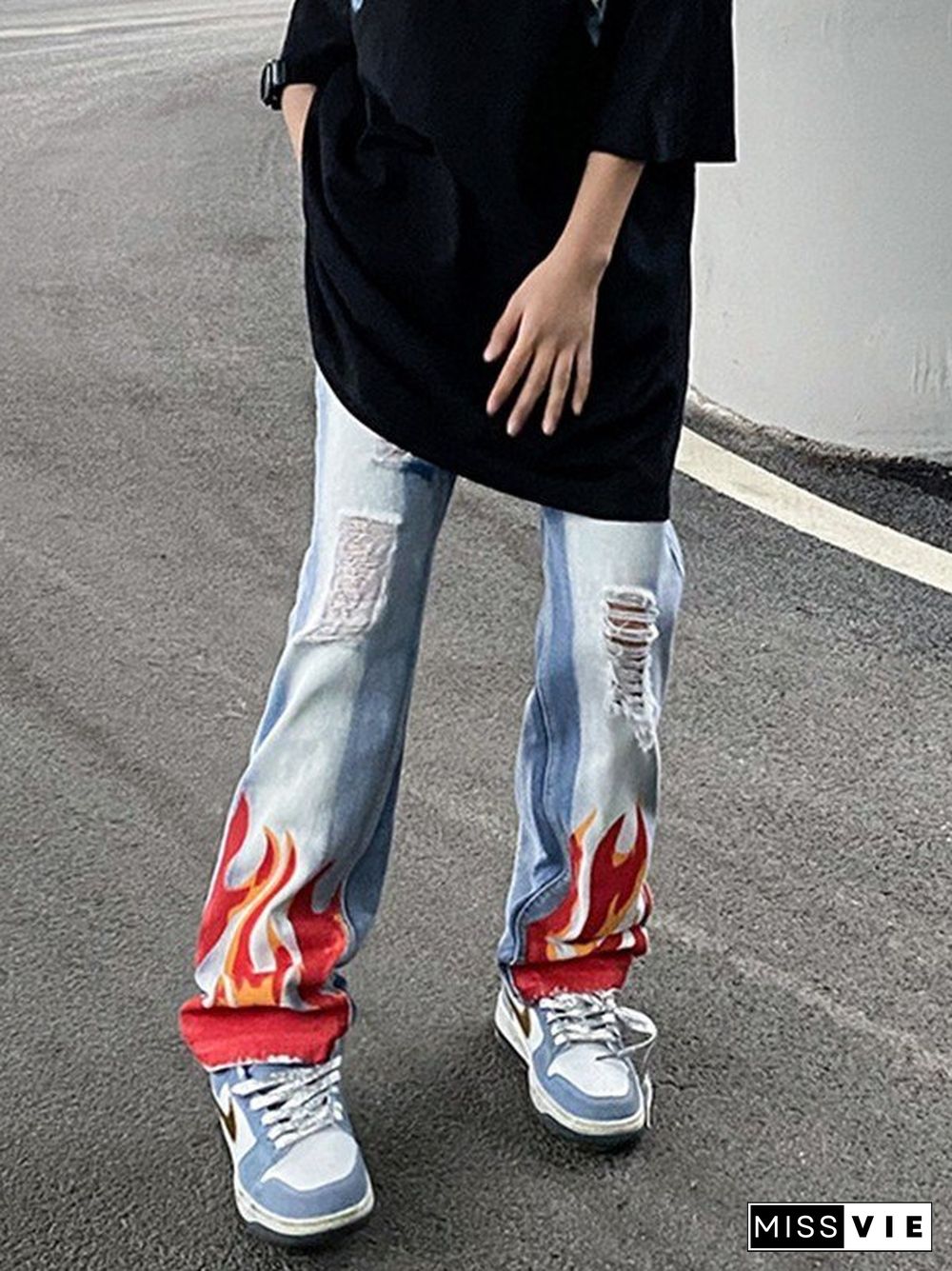 Bleached Flame Print Ripped Jeans