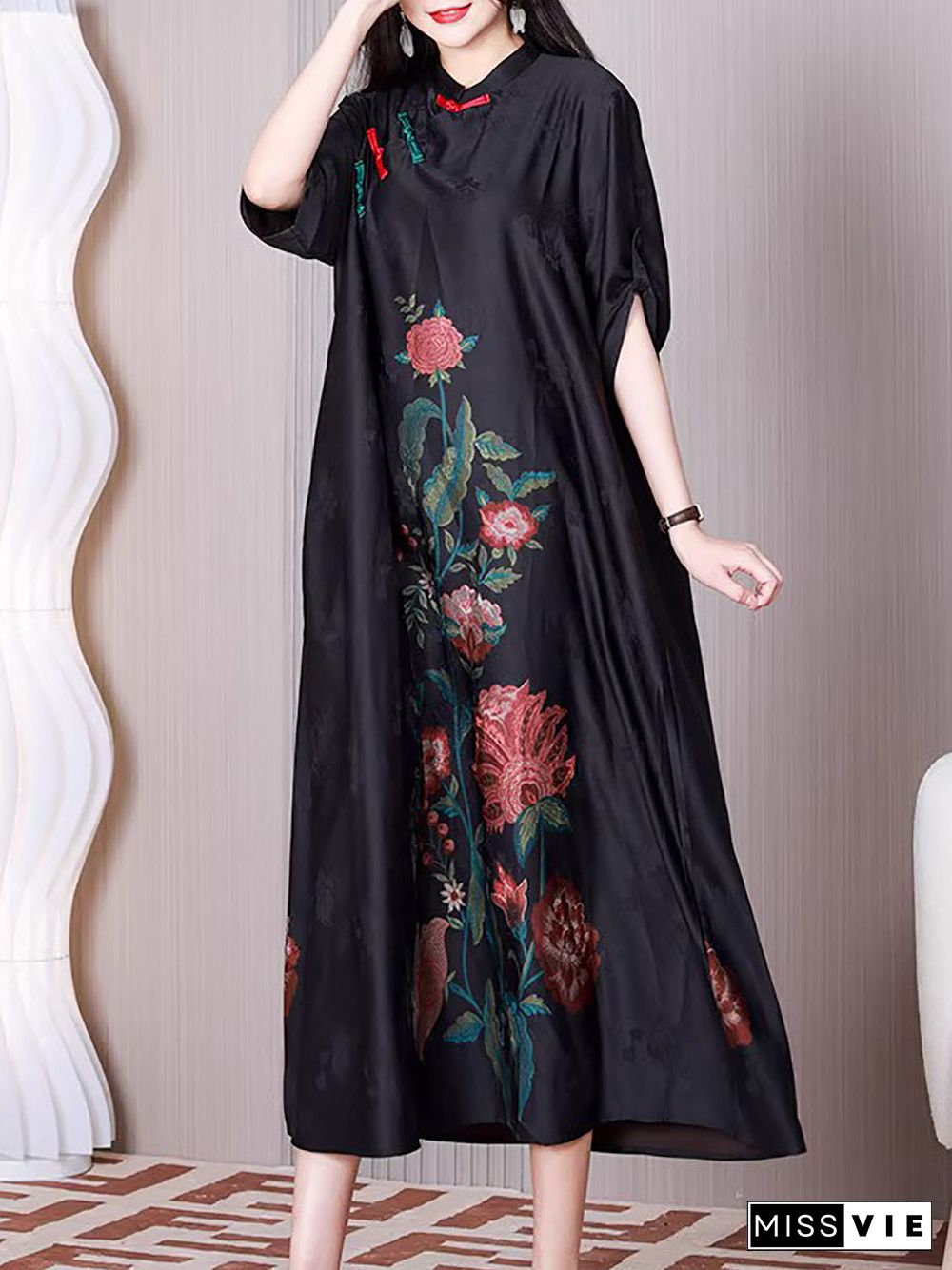 Plus Size Women Ethnic Flower A-shape Loose Dress