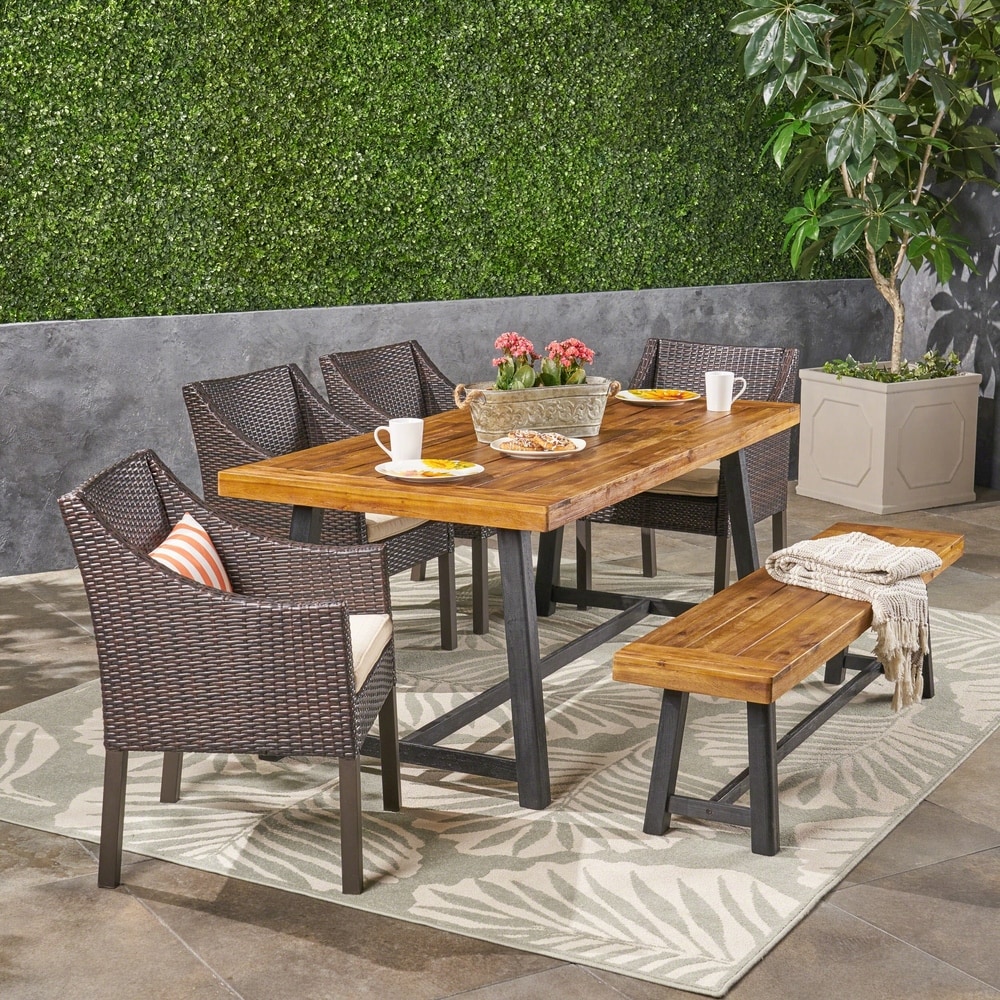 Calero Outdoor 6 Piece Wood and Wicker Dining Set with Chairs and Bench by Christopher Knight Home