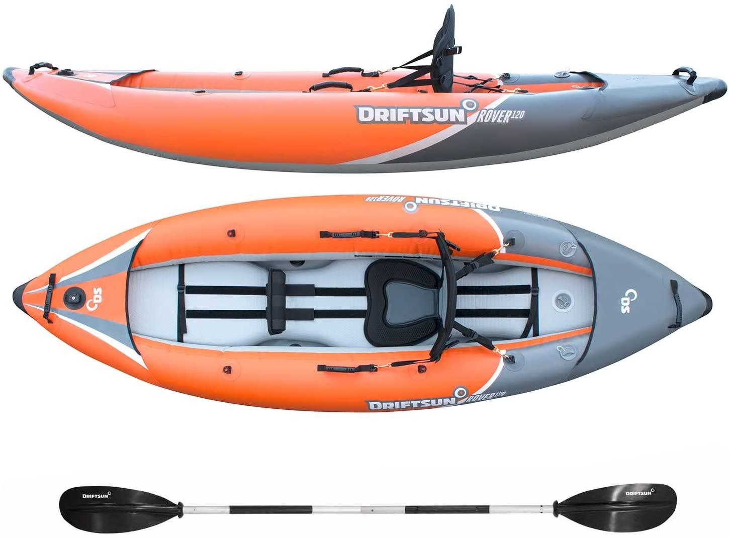 Driftsun Rover 120/220 Inflatable Tandem White-Water Kayak with High Pressure Floor and EVA Padded Seats with High Back Support, Includes Action Cam Mount, Aluminum Paddles, Pump and More