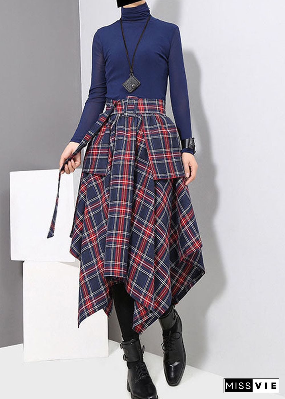 Fashion dark Blue tie waist Asymmetrical a line Skirts Spring