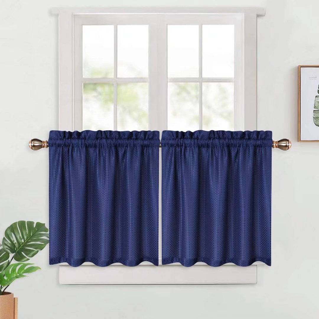 Haperlare 30Wx24L Kitchen Curtains Waffle Weave Waterproof Valances Light Filtering Rod Pocket Cafe Curtains, Navy Blue, 2 Panel