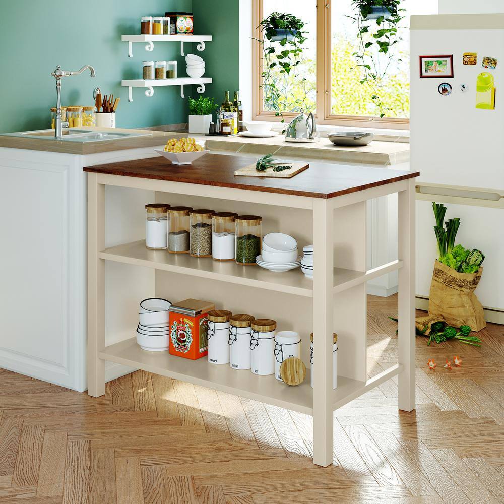 Tileon Cream White Kitchen Island Set w 2-Stools Rustic Wood Dining Table Kitchen Prep Table with 2-Open Shelf and Walnut Top AYBSZHD294