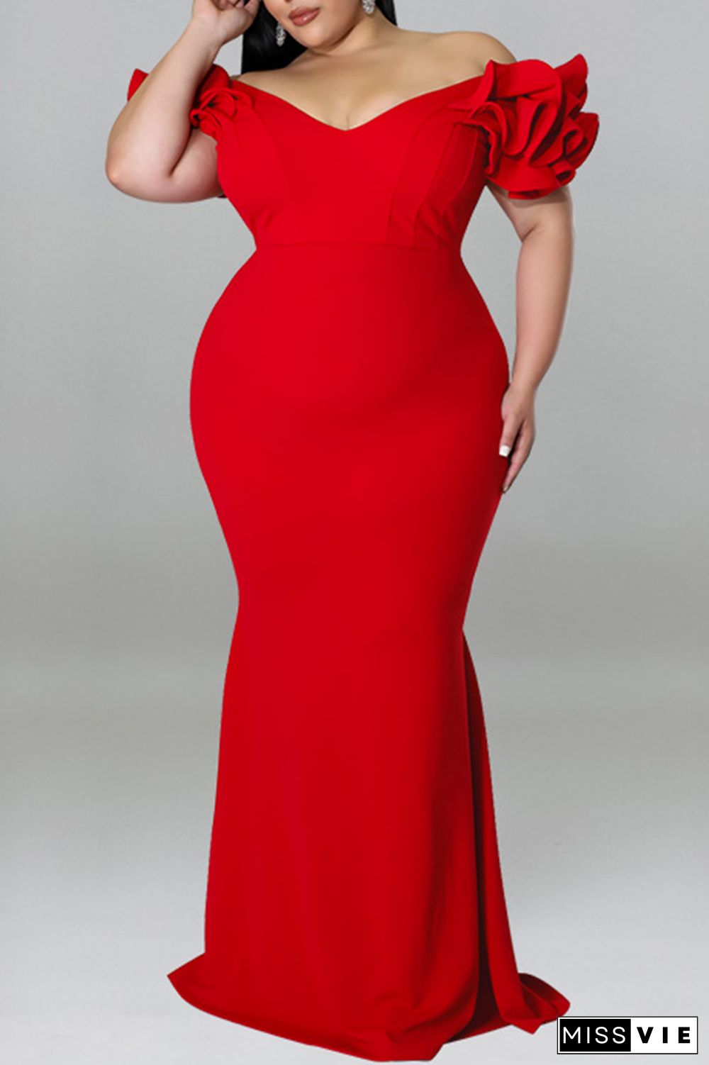 Formal Solid Patchwork Off the Shoulder Long Plus Size Dresses