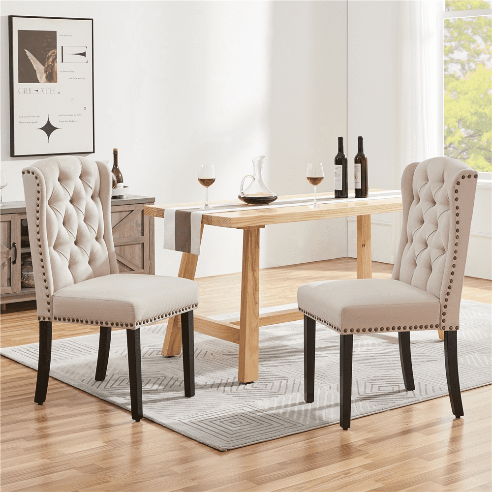 Topeakmart Set of 2 Upholstered Tufted Dining Chairs with Wood Legs for Dining Room， Beige