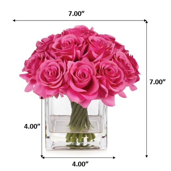 Enova Home Artificial Silk Rose Flowers in Cube Glass Vase with Faux Water for Home Office Decoration