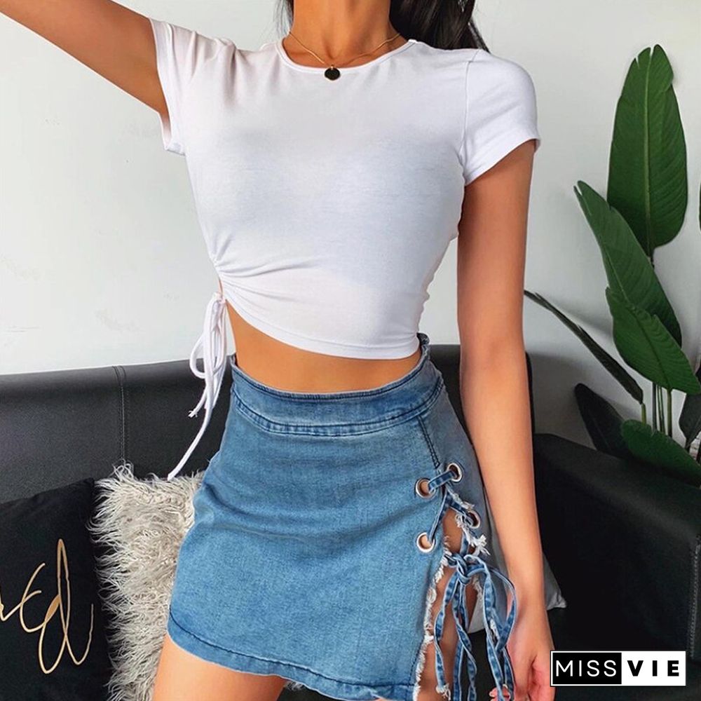 White T Shirt Crop Tops Women Summer Short Sleeve Solid Round Neck Short Tee Top Drawstring Slim Fashion Female Shirts