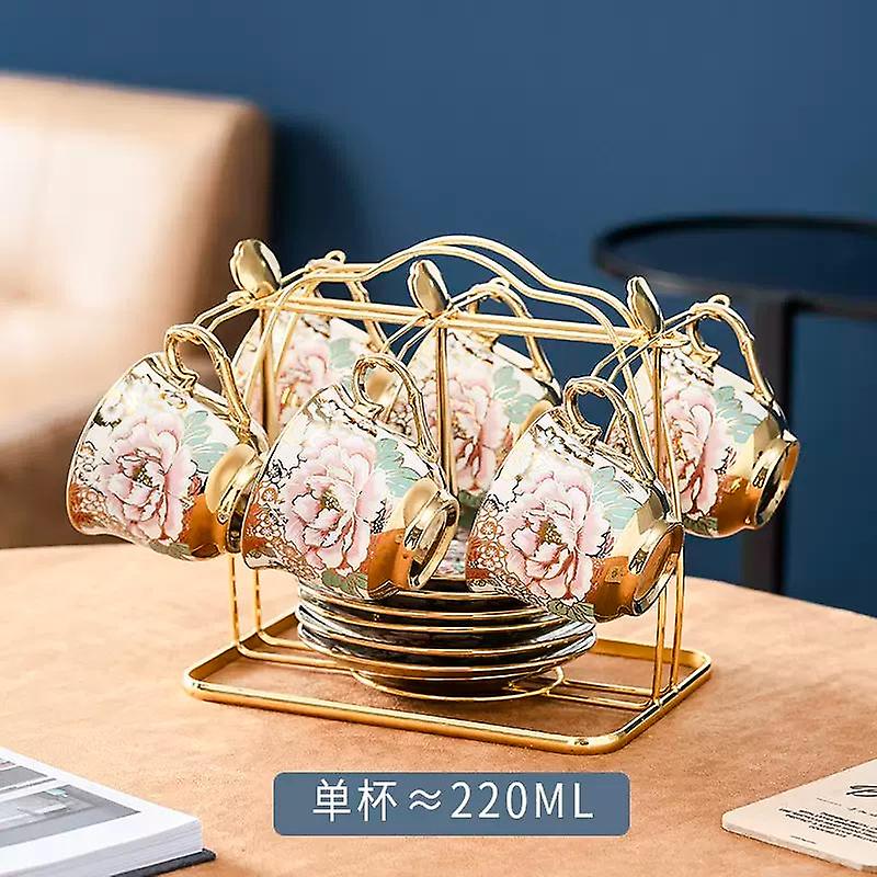 Stainless Steel Cup Holder Water Cup Hanger Shelving -Butterfly 6 Cup Saucer 6 Gold spoon + Shelf