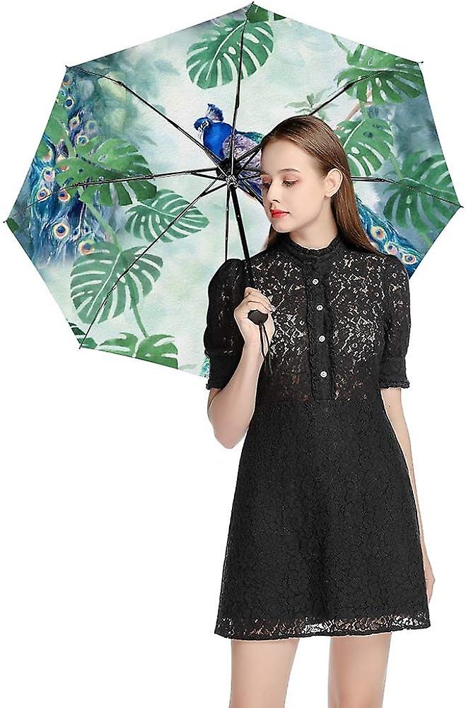 Colourlife Travel Umbrella Watercolor Peacock Painting Automatic Windproof Foldable Umbrella For Sun and Rain