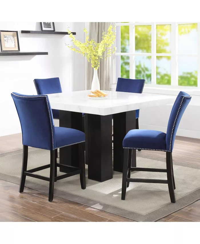 Furniture Camila Square 54 Marble Counter Height Table and Blue Velvet Counter Chair 5pc Set (Table + 4 Chairs)