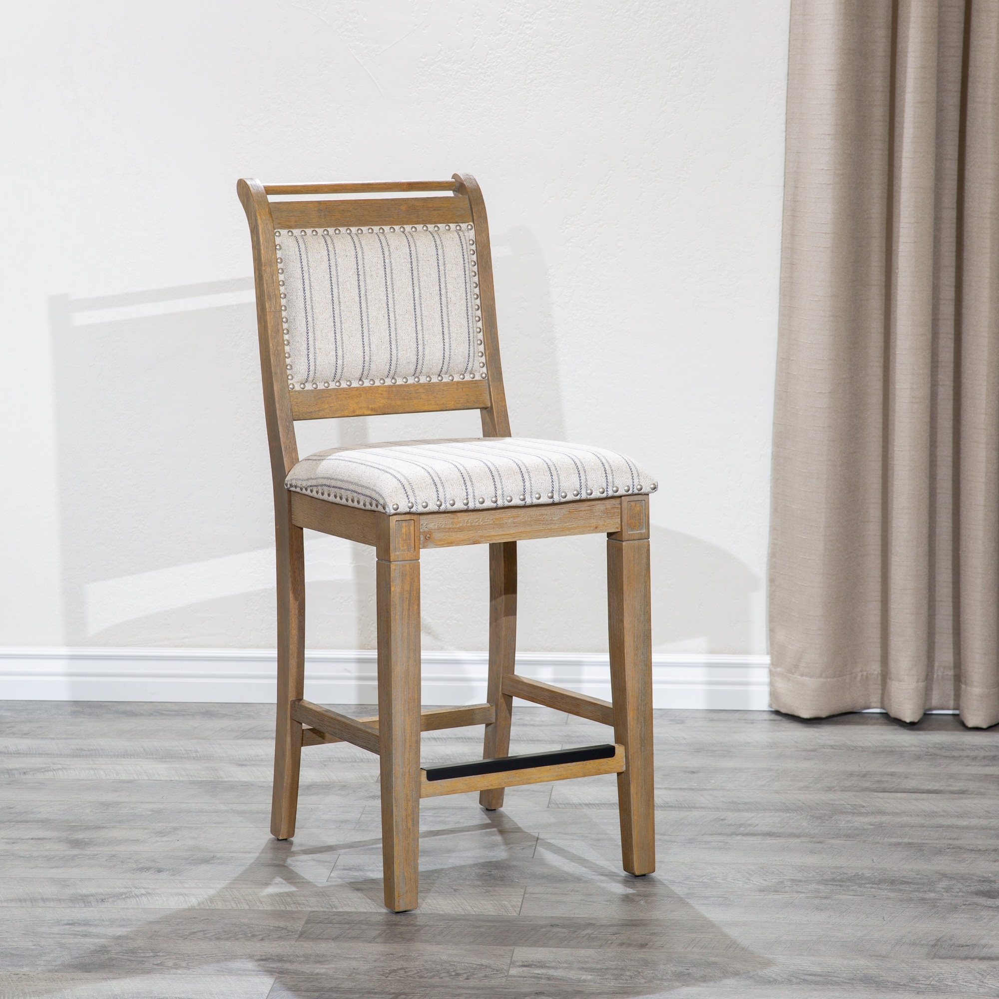 Counter Dining Chair， Rustic Gray Finish， Gray Stripe Fabric Seat