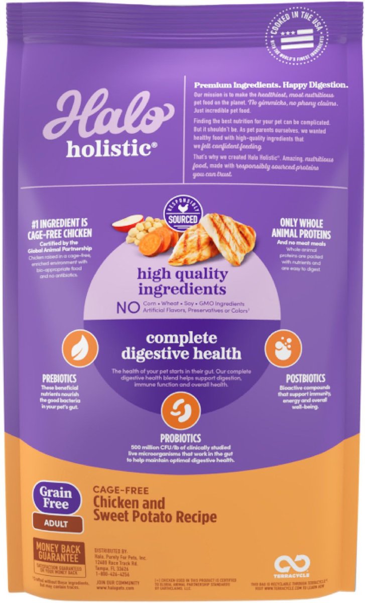 Halo Holistic Complete Digestive Health Grain-Free Chicken and Sweet Potato Dog Food Recipe Adult Dry Dog Food