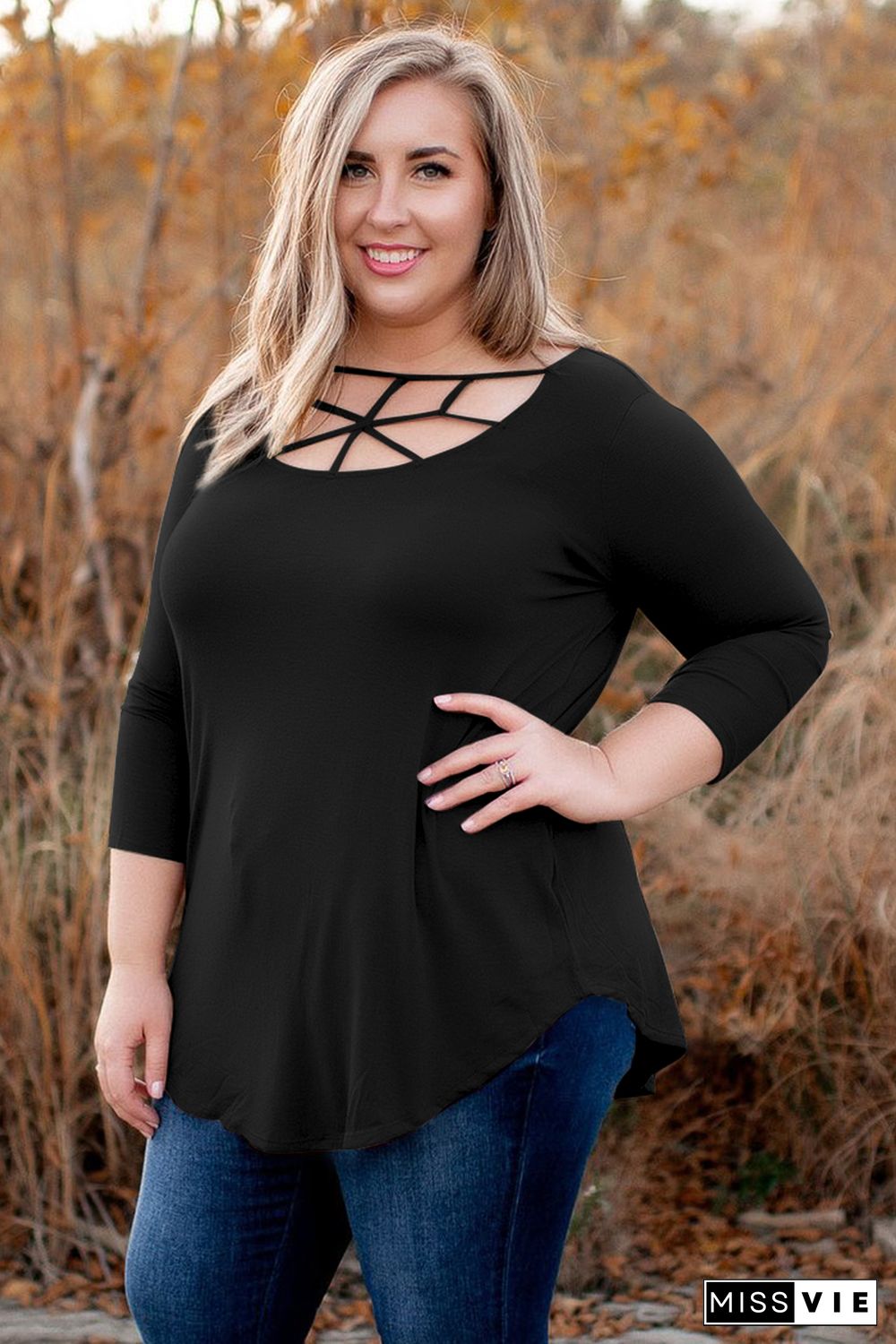 Black 3/4 Sleeve Cut out Neckline Plus Size Top