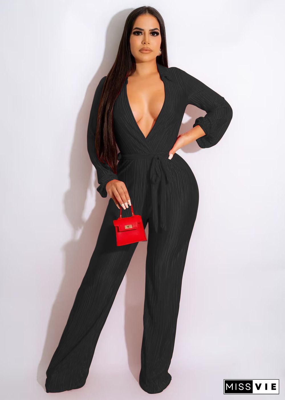 Casual Pleated High Elastic Belt Lapel Jumpsuit