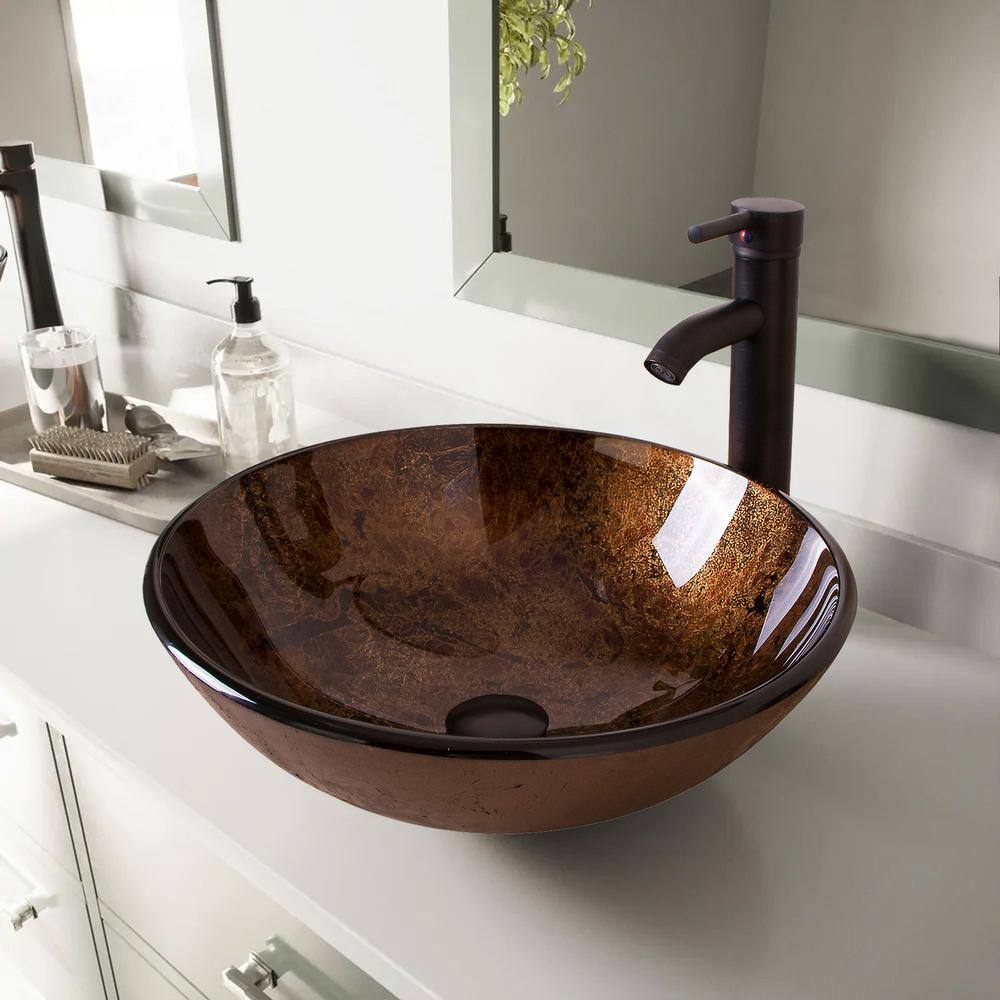 Flynama Solid Tempered Glass Round Bathroom Vessel Sink in Brown with Oil Rubbed Bronze Faucet and Chrome Pop-Up Drain USBR1001