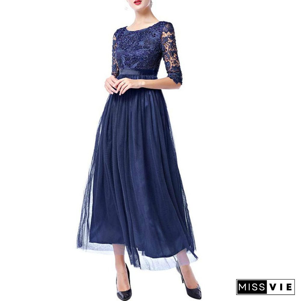 Women's Vintage Floral Lace 3/4 Sleeves Floor Length Retro Evening Cocktail Formal Bridesmaid Gown Long Maxi Dress