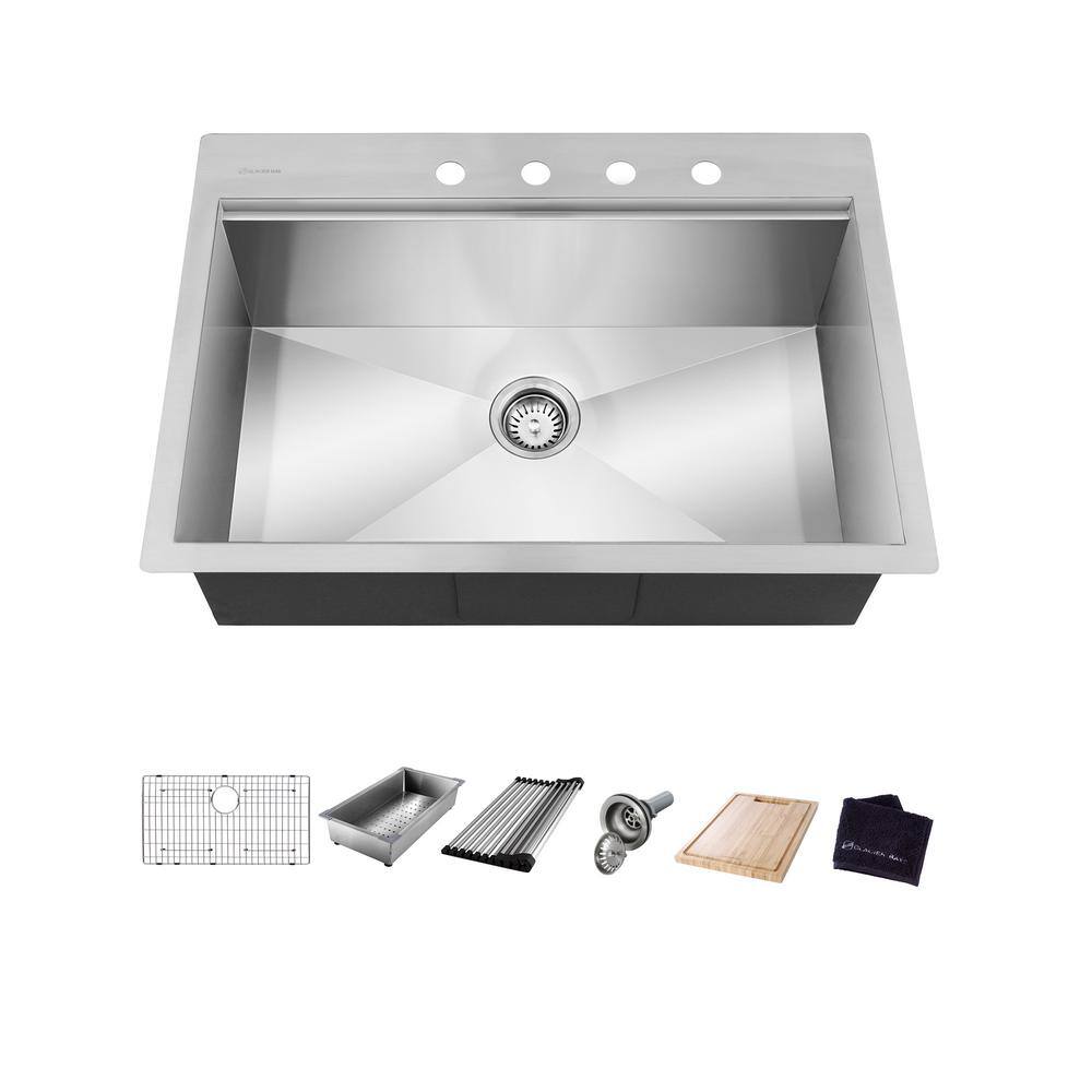 Glacier Bay Zero Radius Drop-in 18G Stainless Steel 30 in. 4-Hole Single Bowl Workstation Kitchen Sink with Accessories 4308F