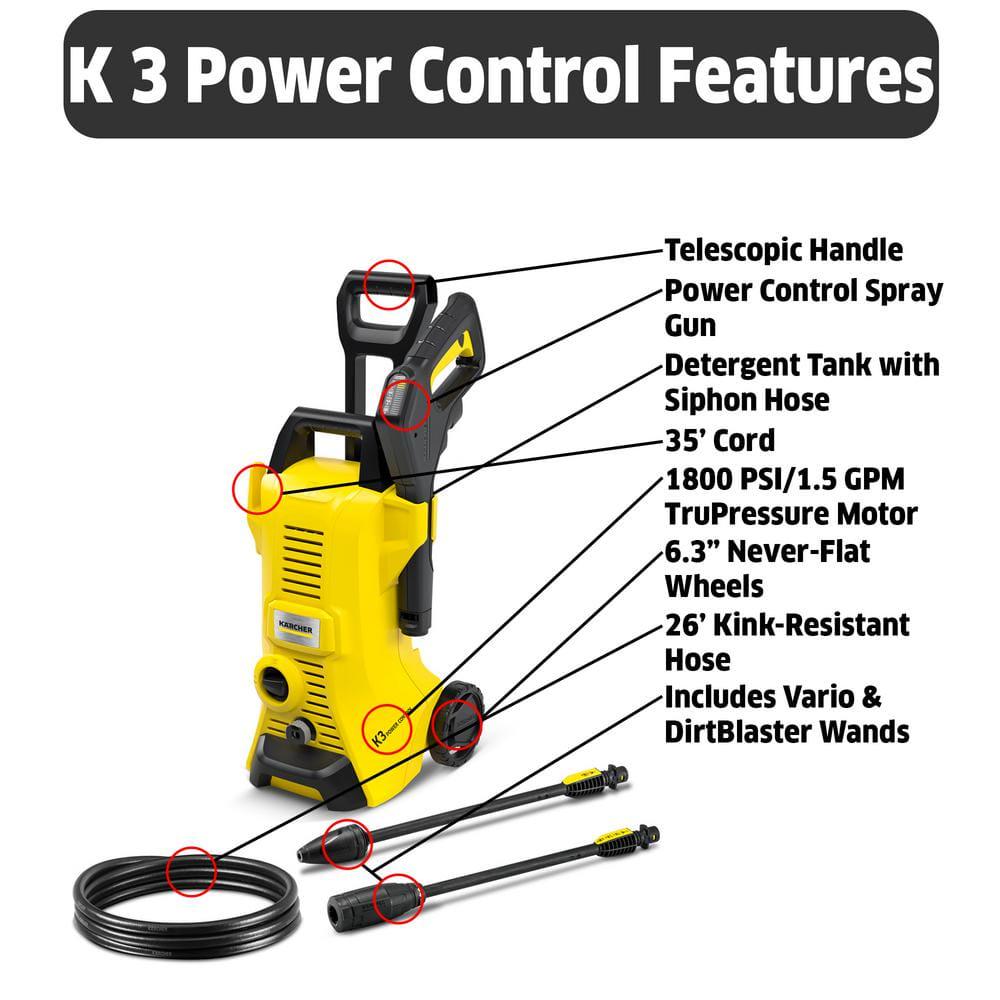 Karcher 1800 PSI 145 GPM K 3 Power Control Cold Water Electric Pressure Washer Plus Vario and DirtBlaster Spray Wands