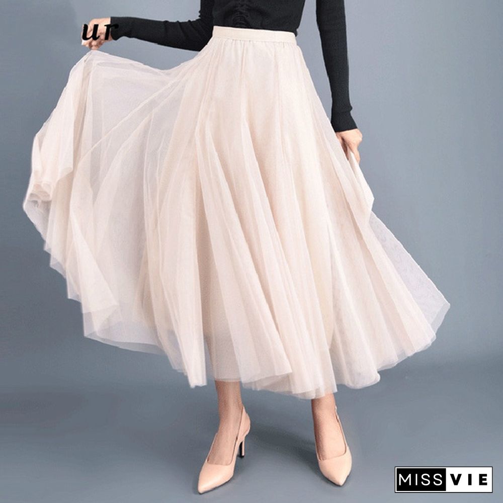 Tulle Skirts Womens Midi Pleated Skirt Black Pink Tulle Skirt Women Spring Summer Korean Elastic High Waist Mesh Tutu Skirt