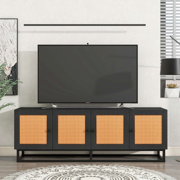 TV Stand Entertainment Cabinet with 4 Textured Rattan Doors and 2 Adjustable Panels