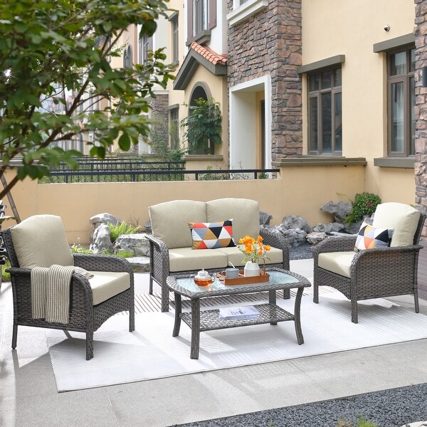 HOOOWOOO Outdoor 4piece Wicker Conversation Sofa Set with Glass Coffee Table