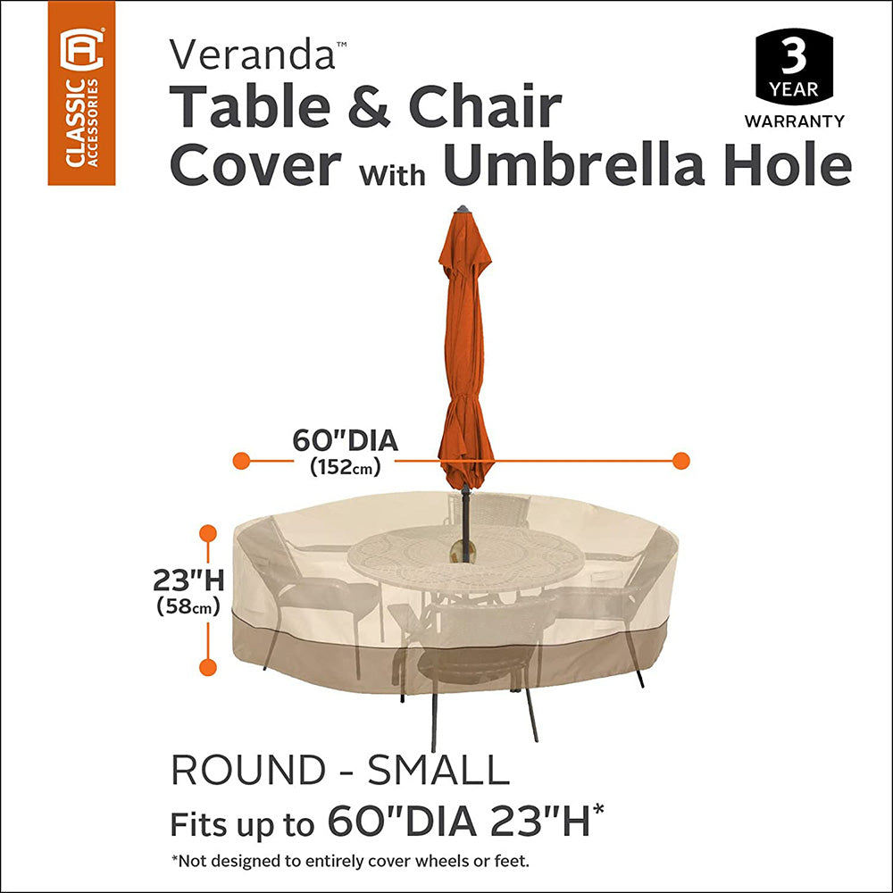 Veranda Water-Resistant 60 Inch Round Patio Table & Chair Set Cover With Umbrella Hole, Pebble, Outdoor Table Cover