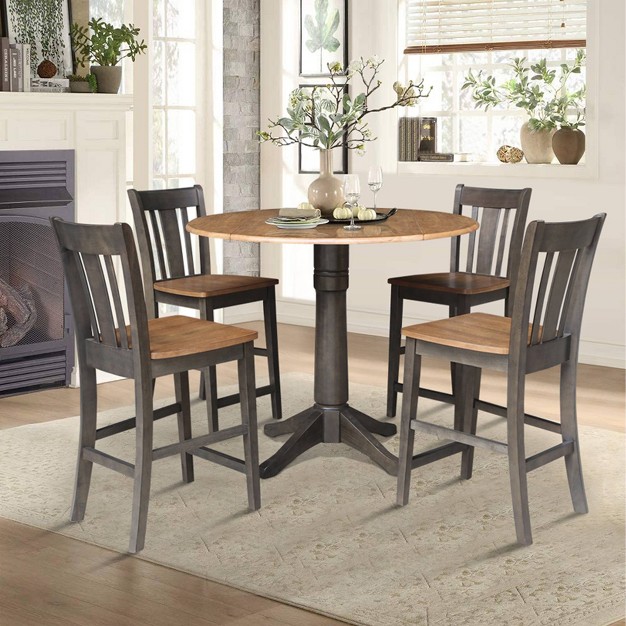 Round Dual Drop Leaf Counter Height Dining Table With 4 Splat Back Stools Hickory washed Coal International Concepts