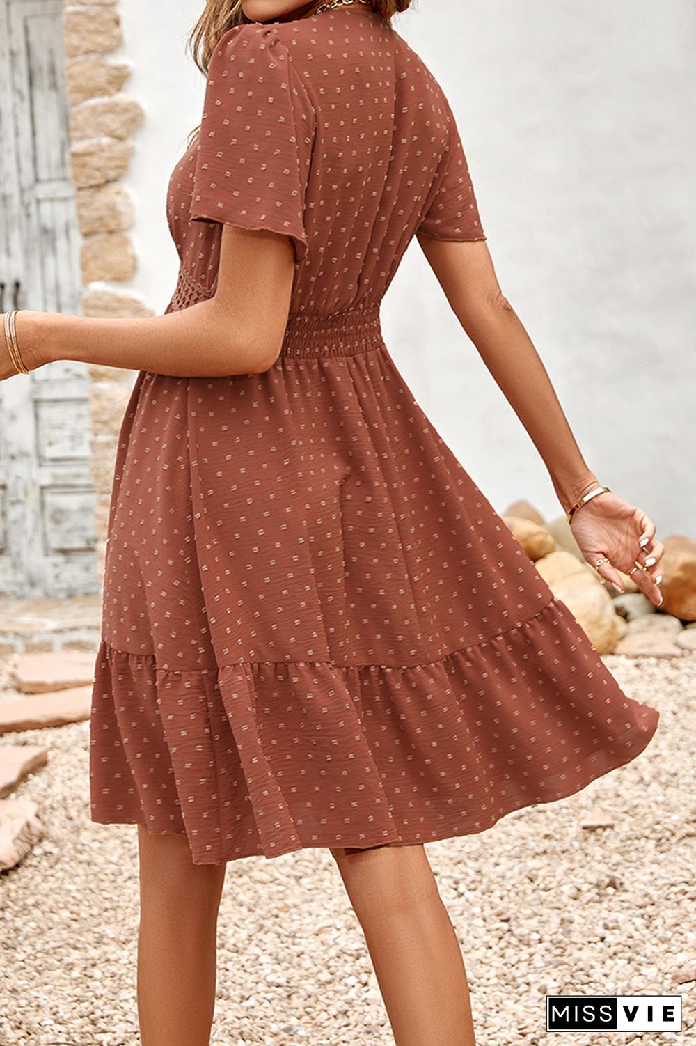 V Neck Swiss Dot Texture Lace Splicing High Waist Dress