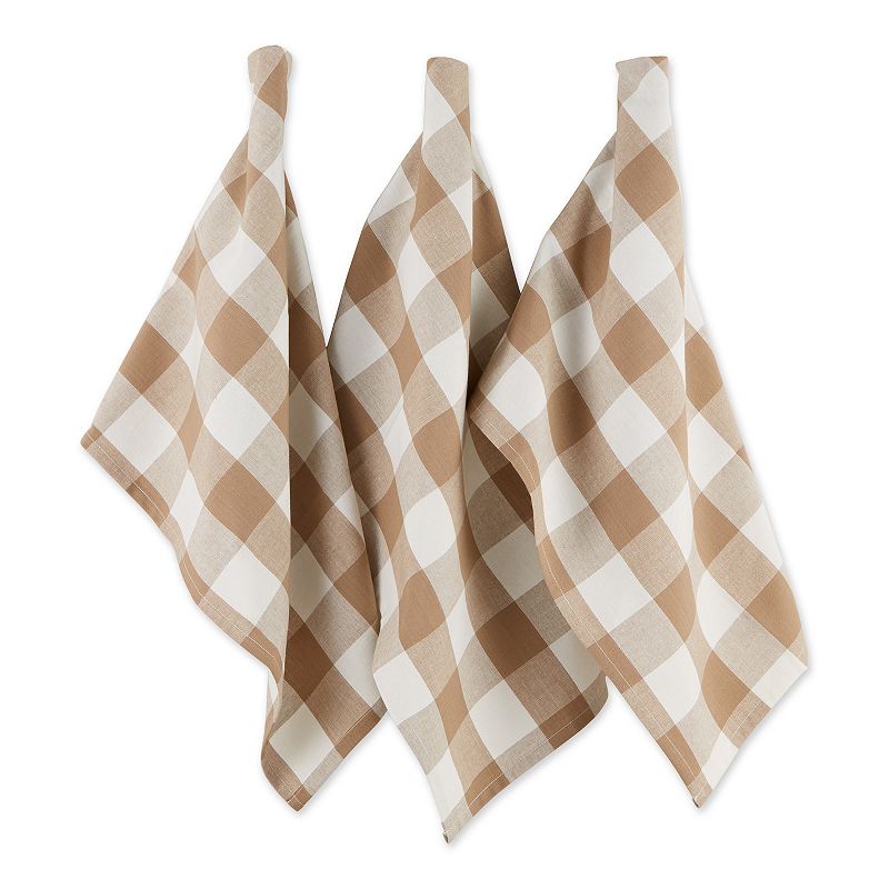 Set of 3 20 x 30 Stone Brown and Cotton White Buffalo Check Dishtowel