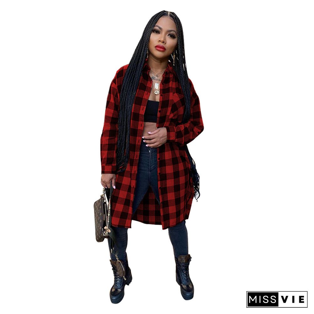 Plaid Print Long Sleeve Shirt Midi Dress