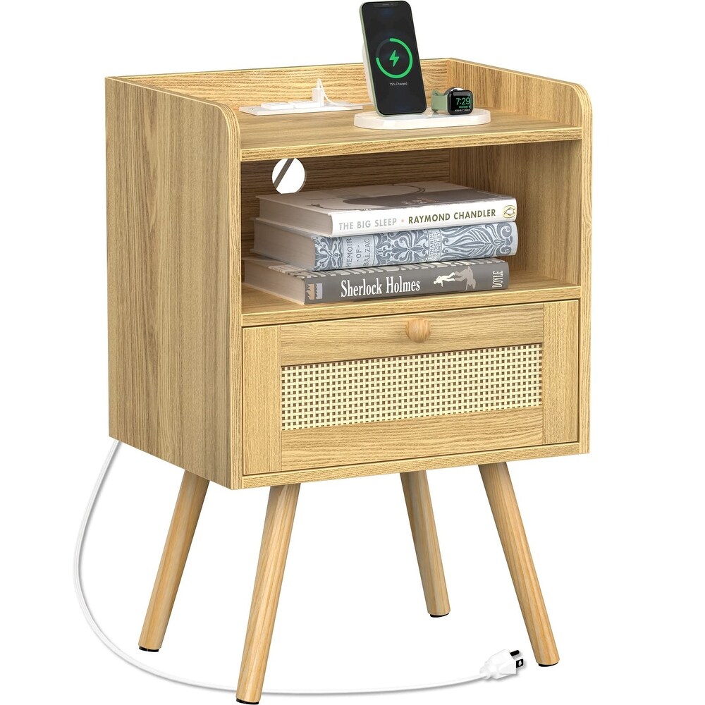 Nightstand with Charging Station   Rattan Like Decor Drawer  Rattan End Table with Solid Wood Feet  Bed Side Table