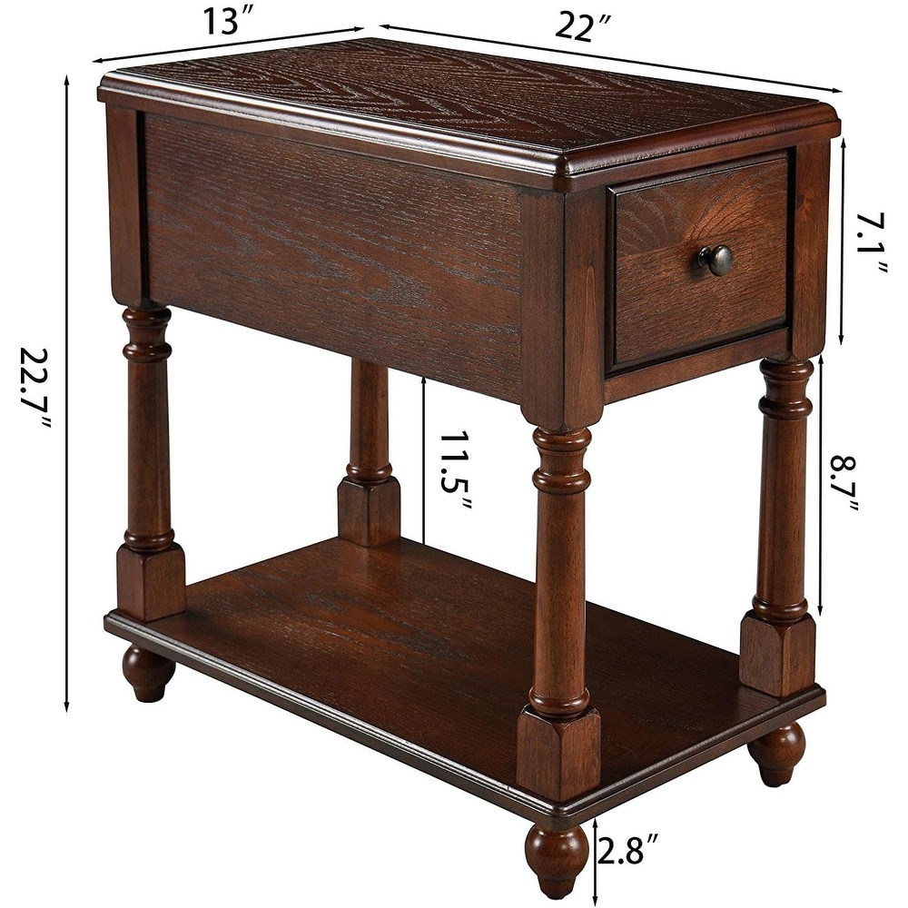 End Table with Drawer  Solid Wood 2 Tier End Side Table