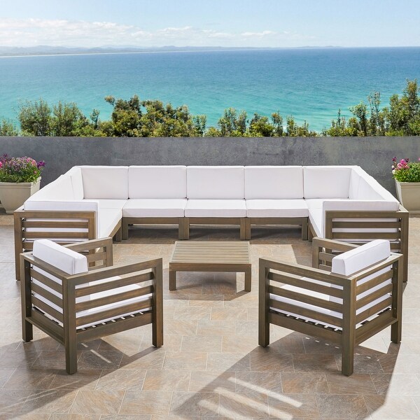 Oana Outdoor 11 Seater Acacia Wood Sectional Sofa and Club Chair Set by Christopher Knight Home