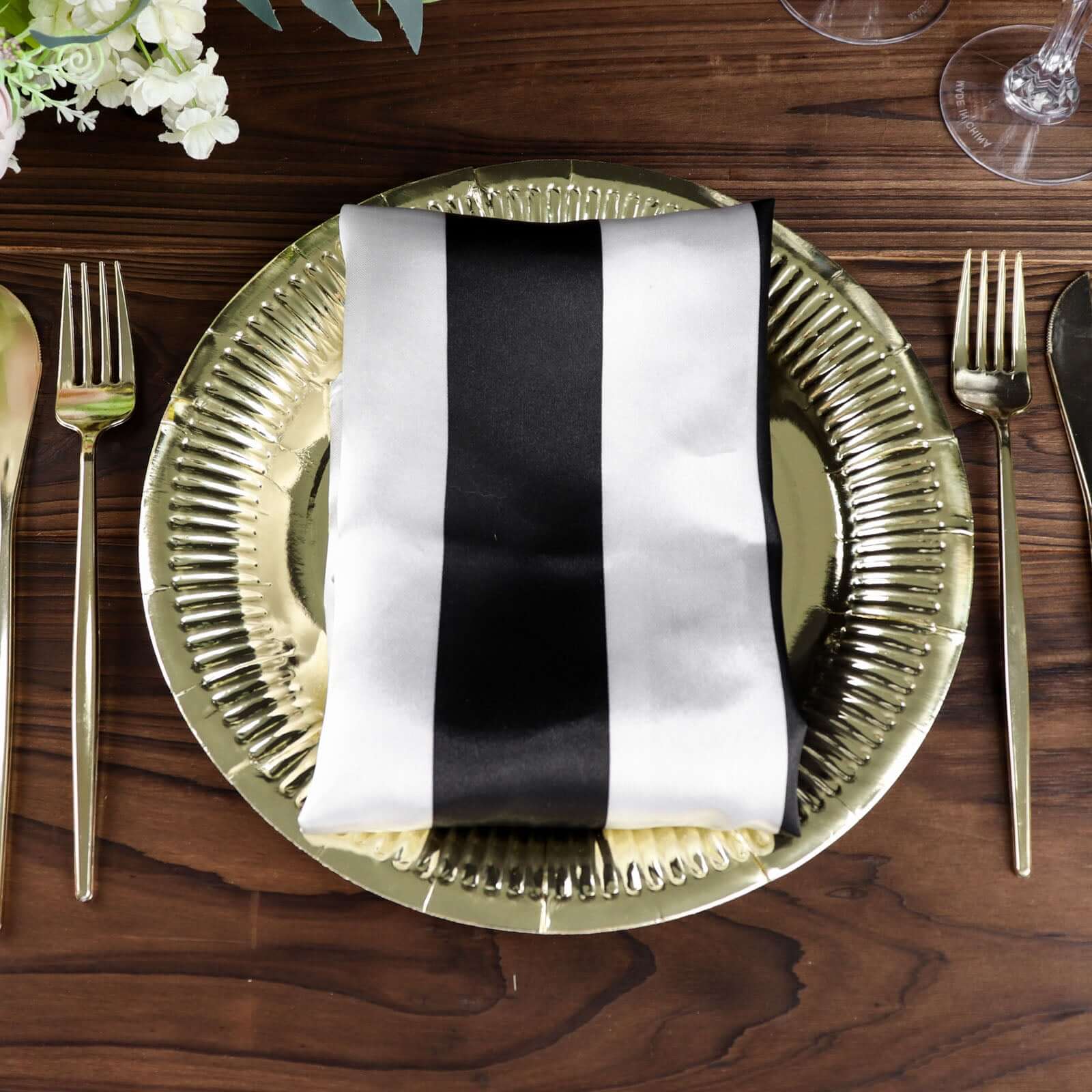 5 Pack Black and White Striped Satin Cloth Dinner Napkins 20