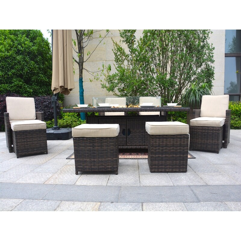 Gosata 9 Piece Outdoor Rectangle Gas Fire Table Patio Wicker Dining Set