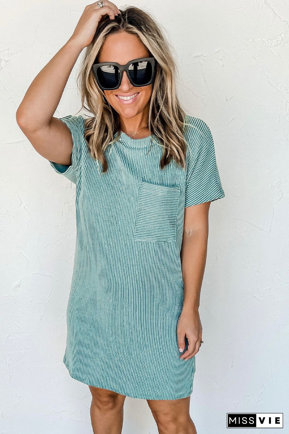 Blue Striped Ribbed Knit T-shirt Shift Dress