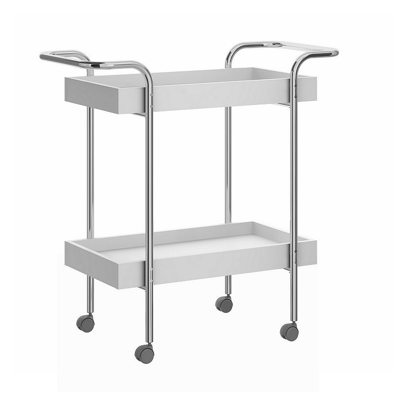 Storage Cart with 2 Tier Design and Metal Frame， White and Chrome