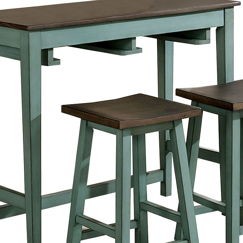 3 Piece Bar Table Set with Contoured Seat， Antique Blue and Brown