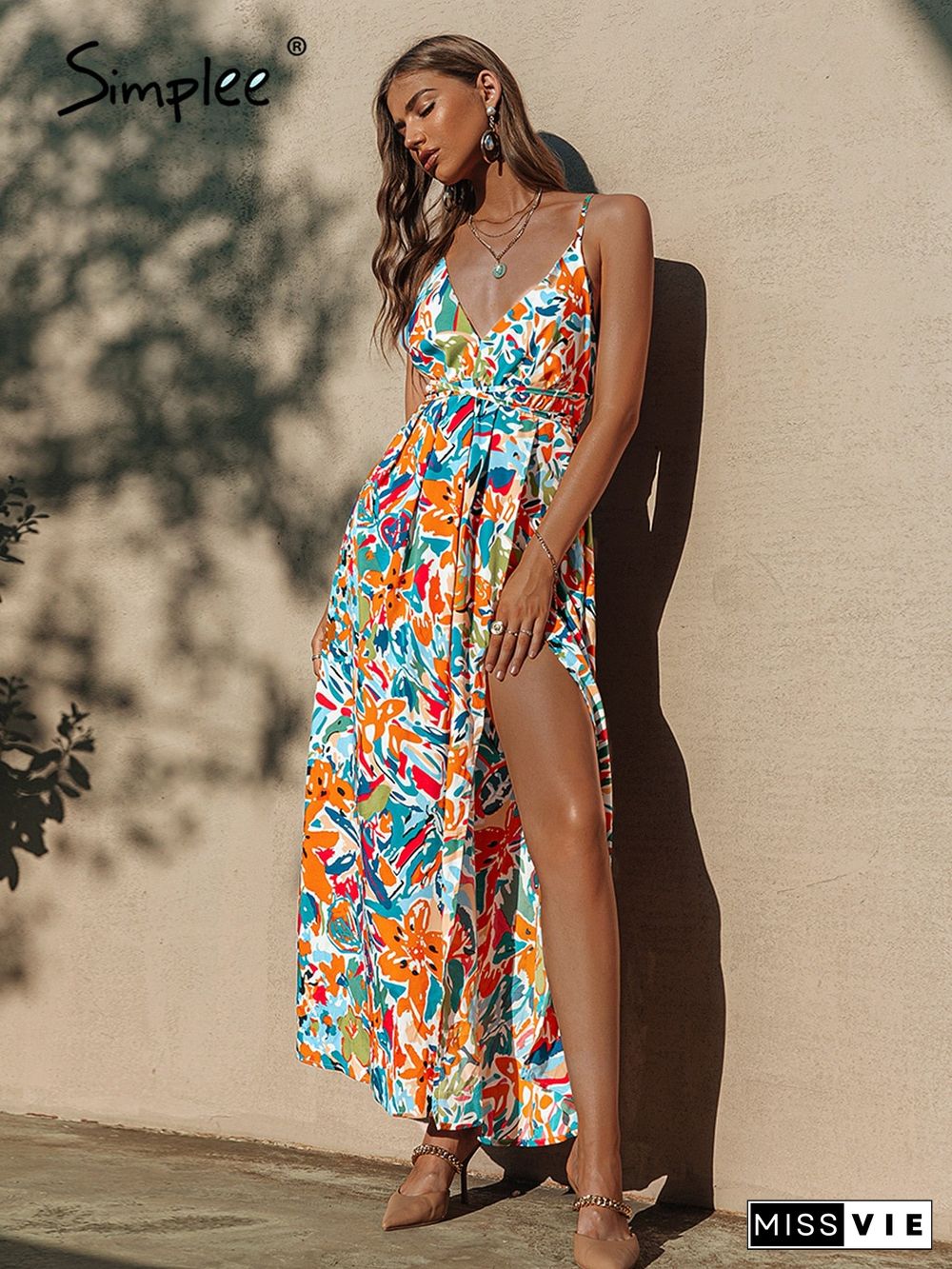 Sexy Holiday Print Straps Backless Summer Party Dress Women High Waist Lace Up Split Maxi Dresses V-Neck Beach Vestidos