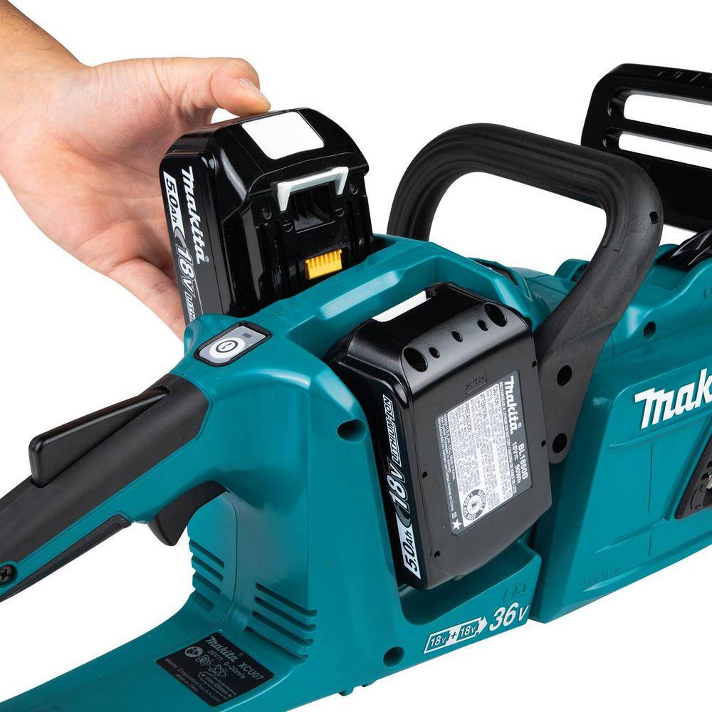 Makita LXT 14 in. 18V X2 (36V) Brushless Electric Battery Chainsaw Kit (5.0Ah) with bonus 18V LXT 5.0 Ah (2-Pack) XCU07PT-BL18502