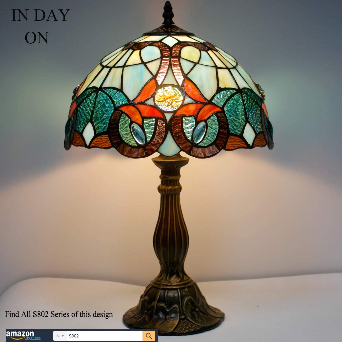 SHADY Tiffany Table Lamp Stained Glass Bedside Lamp Green Blue Floral Desk Reading Light 12X12X18 Inches Decor Bedroom Living Room Home Office S802 Series