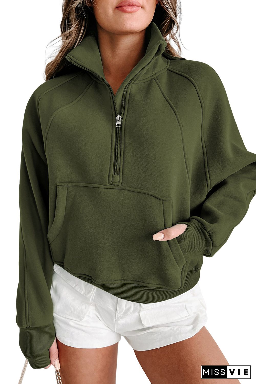 Green Zip Up Stand Collar Ribbed Thumbhole Sleeve Sweatshirt