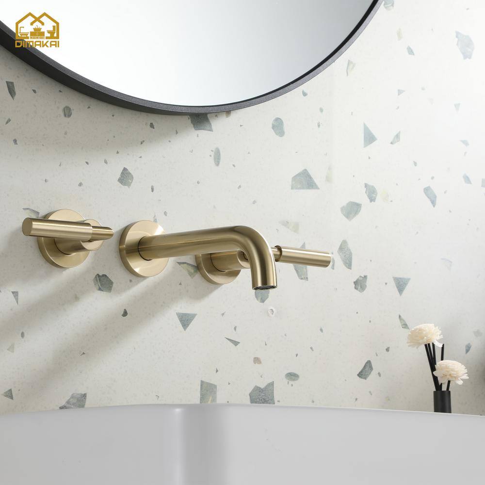 Hlihome 3-Hole Two-Handles Brass Wall-Mount Bathroom Faucet in Brushed Gold DK-9001-BG