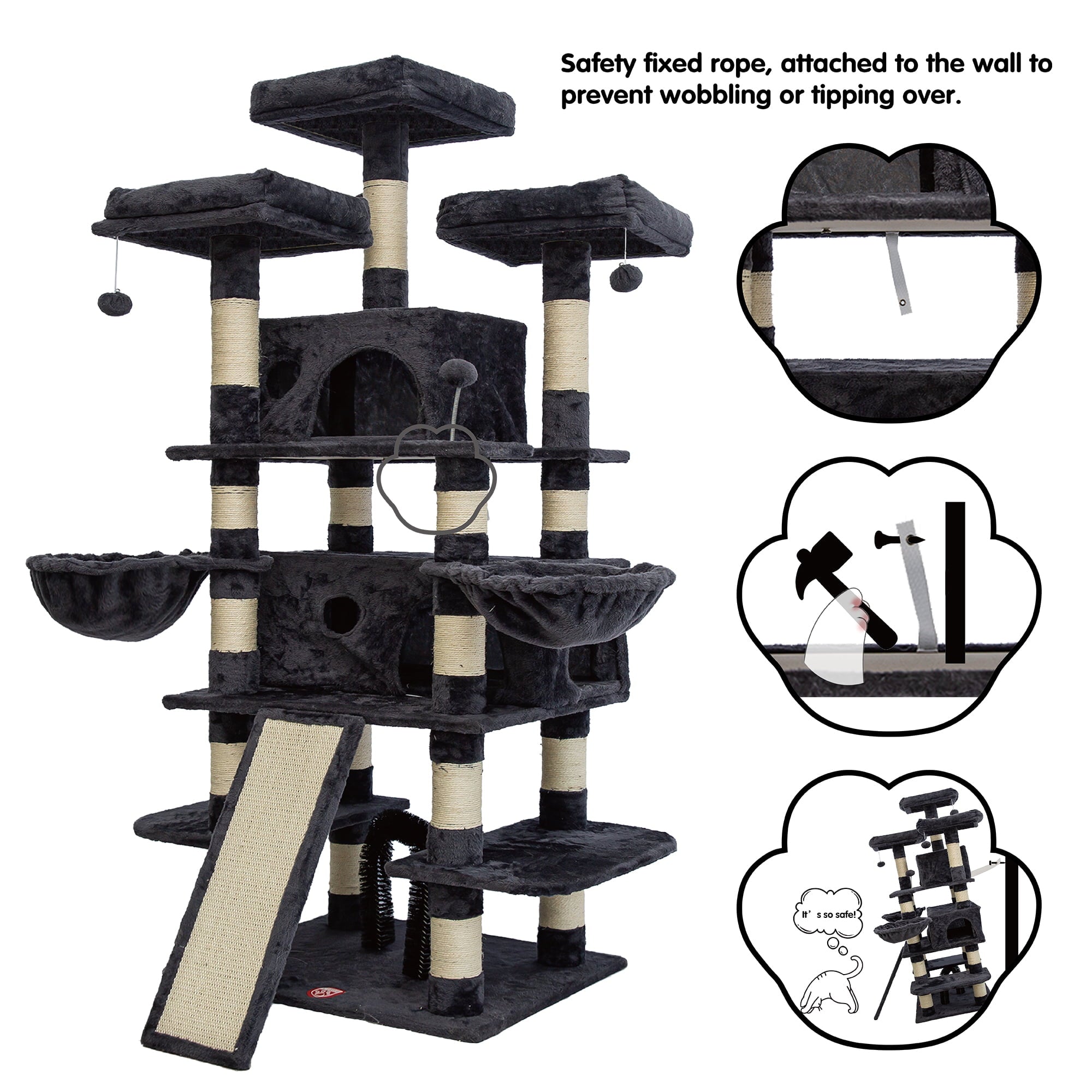 68 Inches Multi-Level Cat Tree Large,Big Cat Tower with Sisal Scratching Posts,Grooming Arch,Cozy Plush Cat Perches and Hammocks,Cat Activity Center Cat Condo Play House