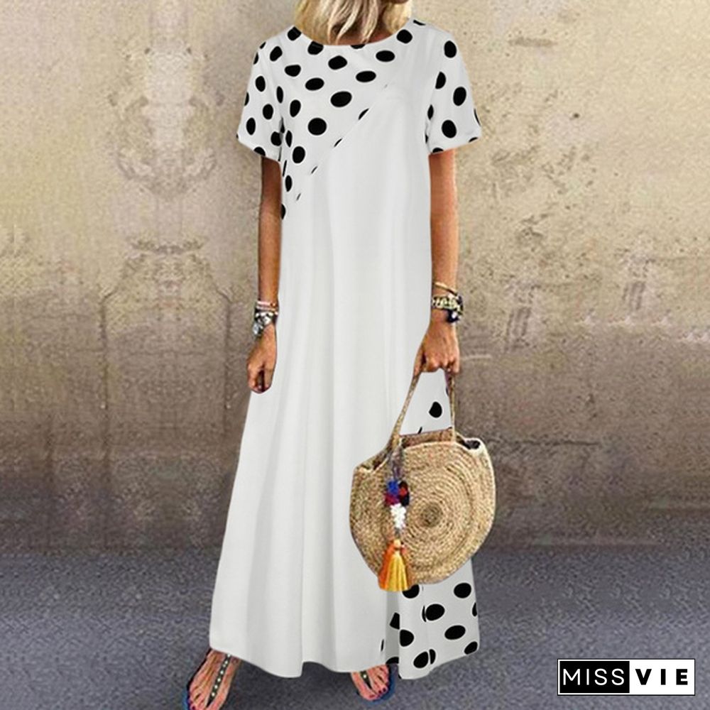 Summer Women Polka Dot Maxi Dress Robe Short Sleeve Round Neck Patchwork Party Casual Loose Long Dress Plus Size Tunic