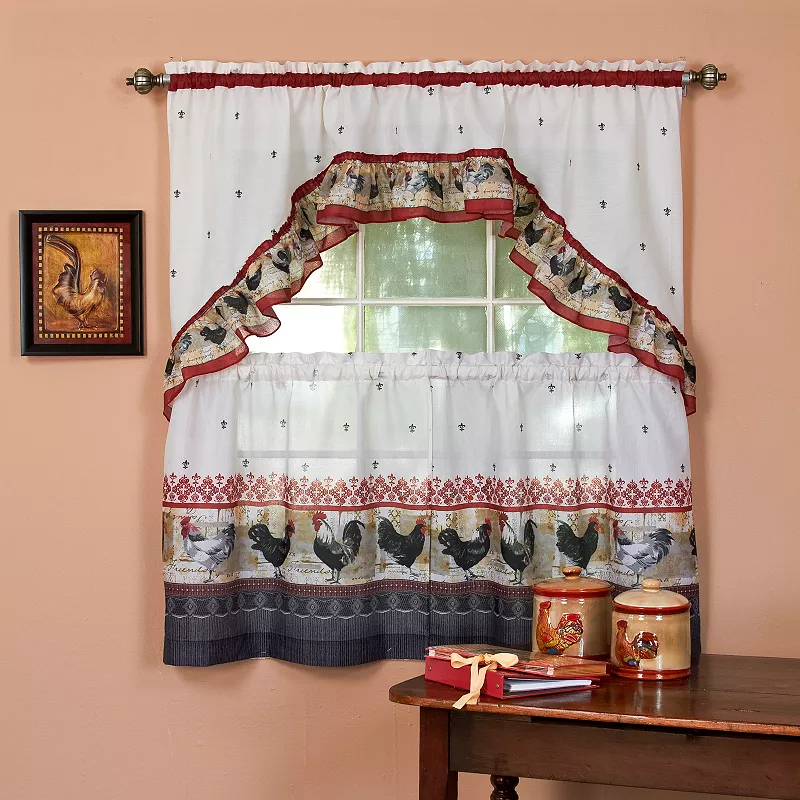 Rooster 3-piece Swag Tier Kitchen Window Curtain Set